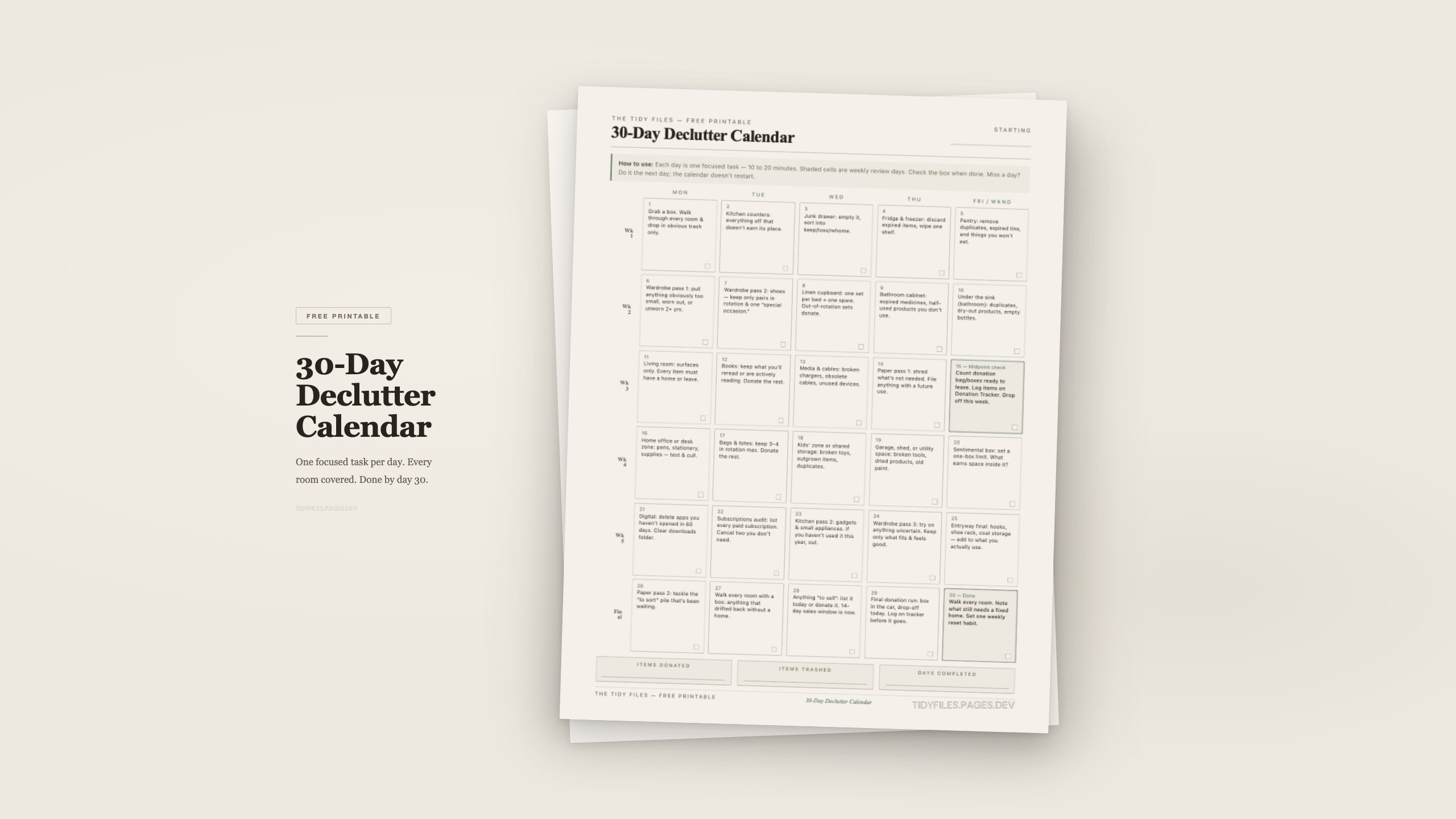 the 30-Day Declutter Calendar printable — a five-column calendar grid with one focused task per day across six weeks