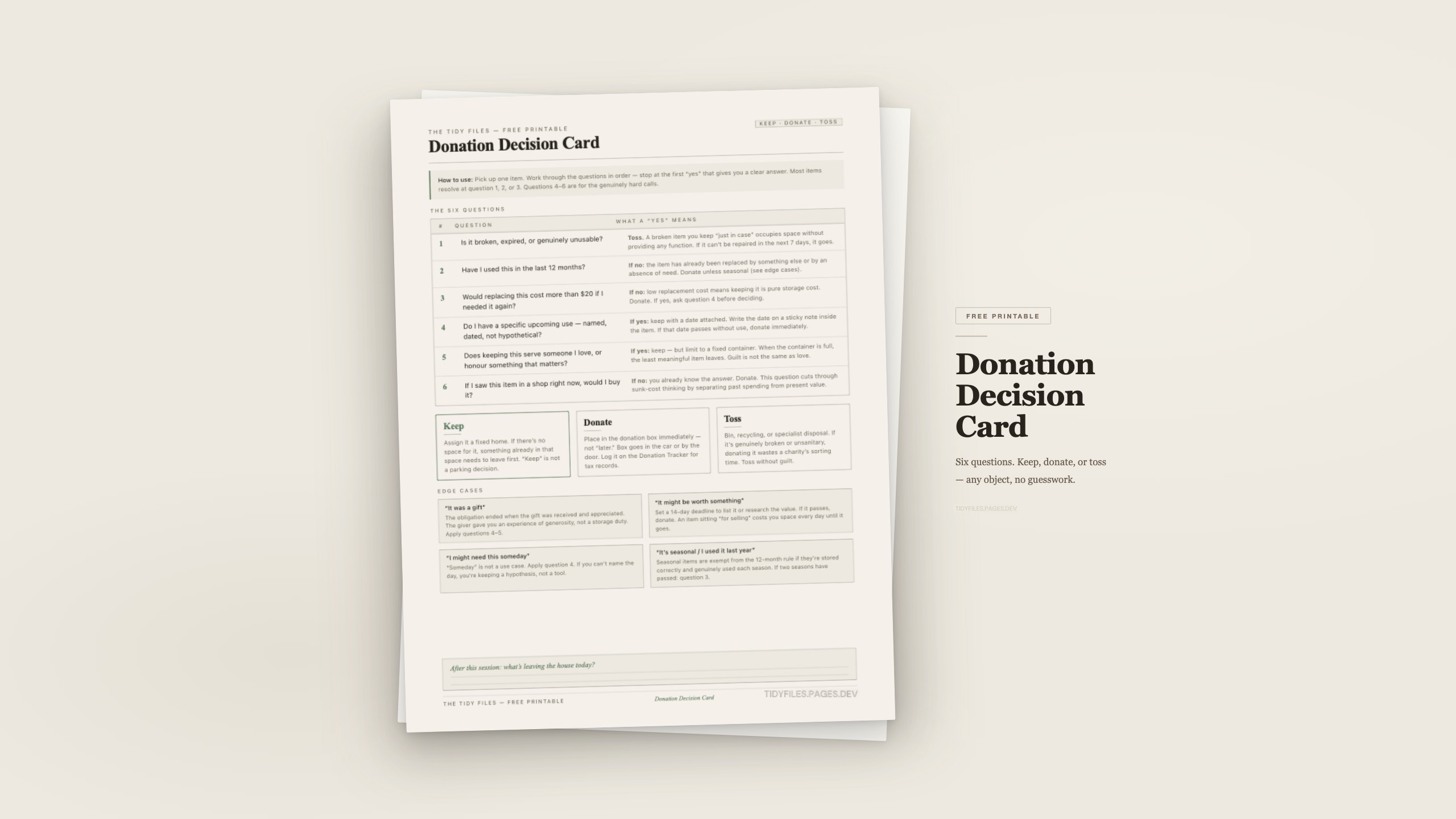 the Donation Decision Card printable — six-question keep, donate, or toss framework laid out on one page with edge-case notes