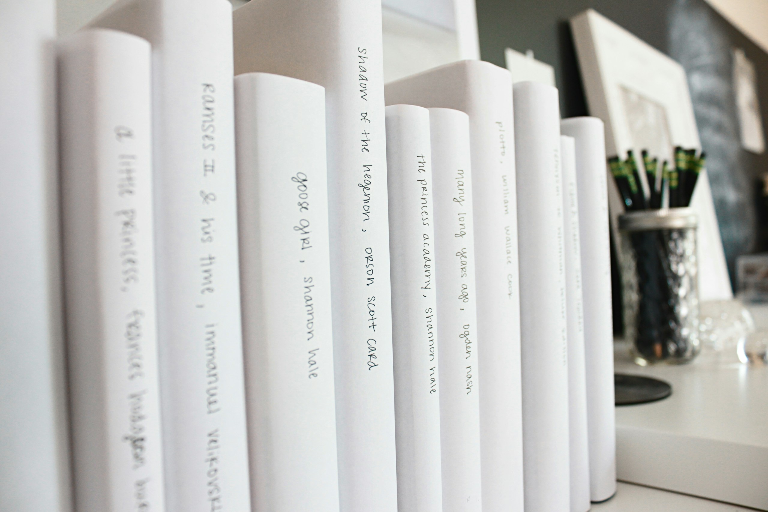 neatly filed books and binders organized on a wooden shelf