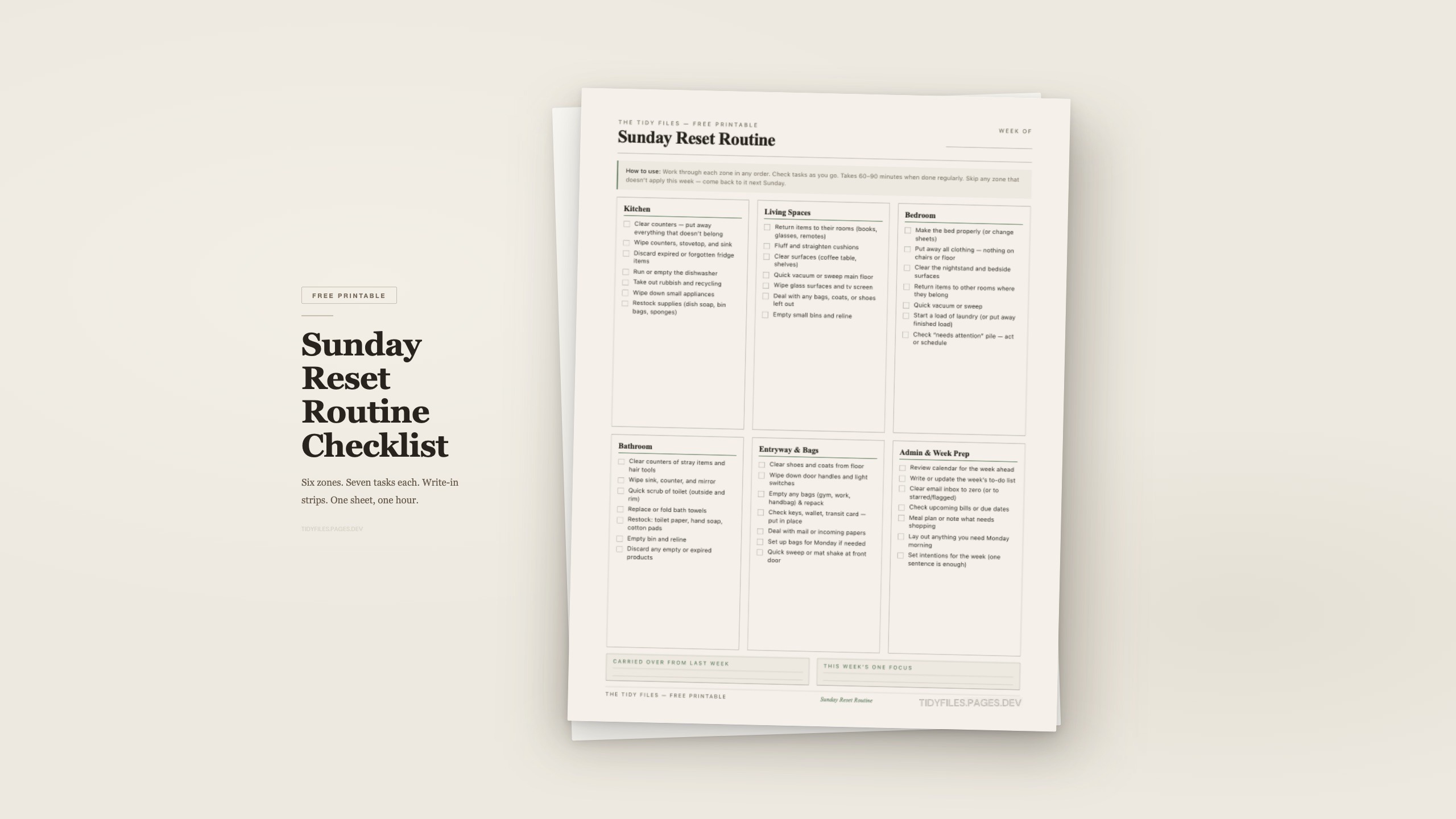 the Sunday Reset Routine Checklist printable — one page, six zones, seven tasks each with checkboxes and write-in strips